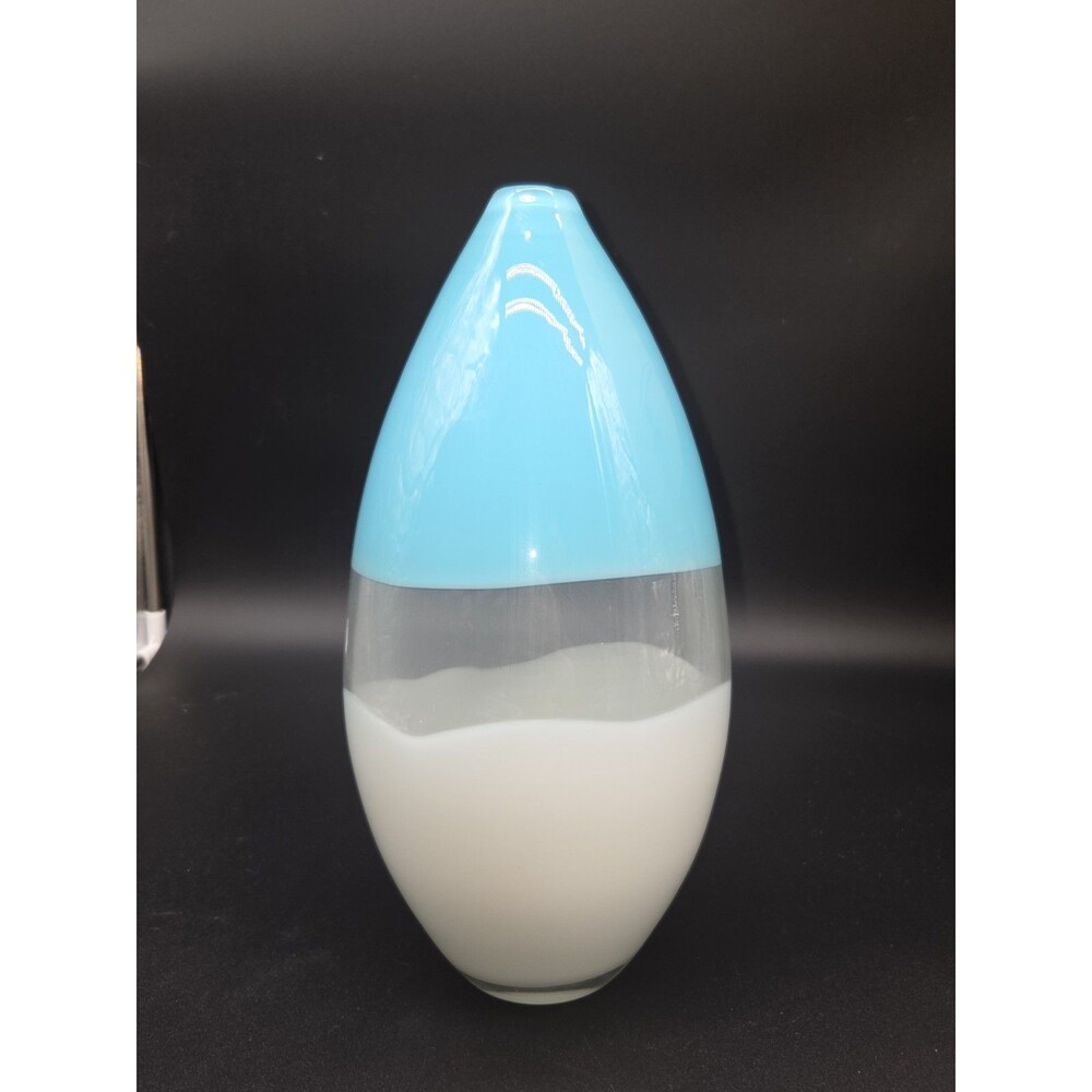 Art Glass Ovoid Teardrop Turquoise Clear White Blown Glass Vase Cased Glass 11.5